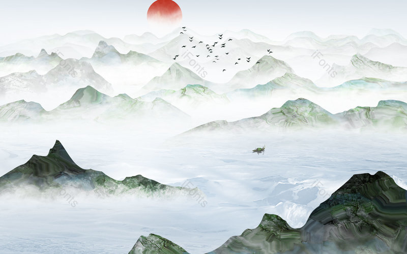 中国风手绘日出风景山水插画背景设计,插画/手绘图,插画/手绘图库,插画/手绘图下载,插画/手绘